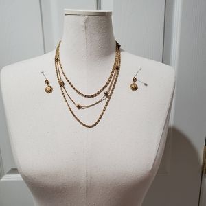 Vintage Tri-chain Gold Tone Necklace with Earrings